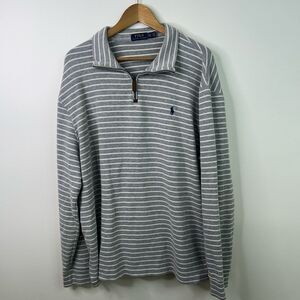 Polo Ralph Lauren Men’s XXL Gray White Striped 1/4 Zip Pullover Sweater Cotton